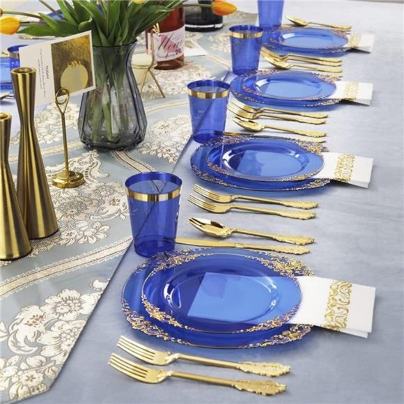 175PCS Clear BlueGold Plastic PlatesSet Include 25Dinner Plates,25Dessert Plates - Picture 6 of 7